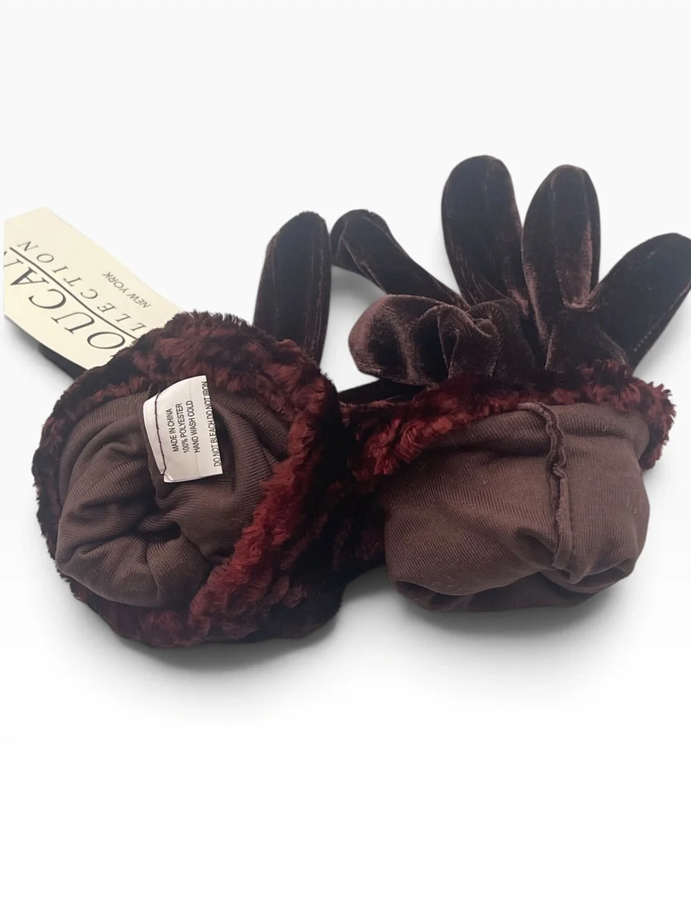 Vintage Toucan Collection NY Velvet Gloves Faux Fur Cuffs Burgundy Maroon OS